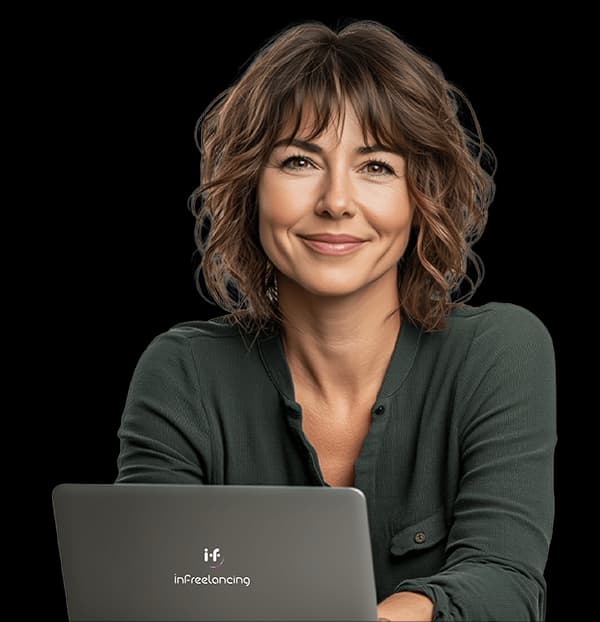 Femme freelance souriante devant un ordinateur portable avec le logo InFreelancing